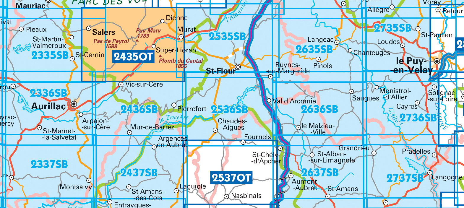 Wandelkaarten IGN 25.000 Cantal en Auvergne : Zuid